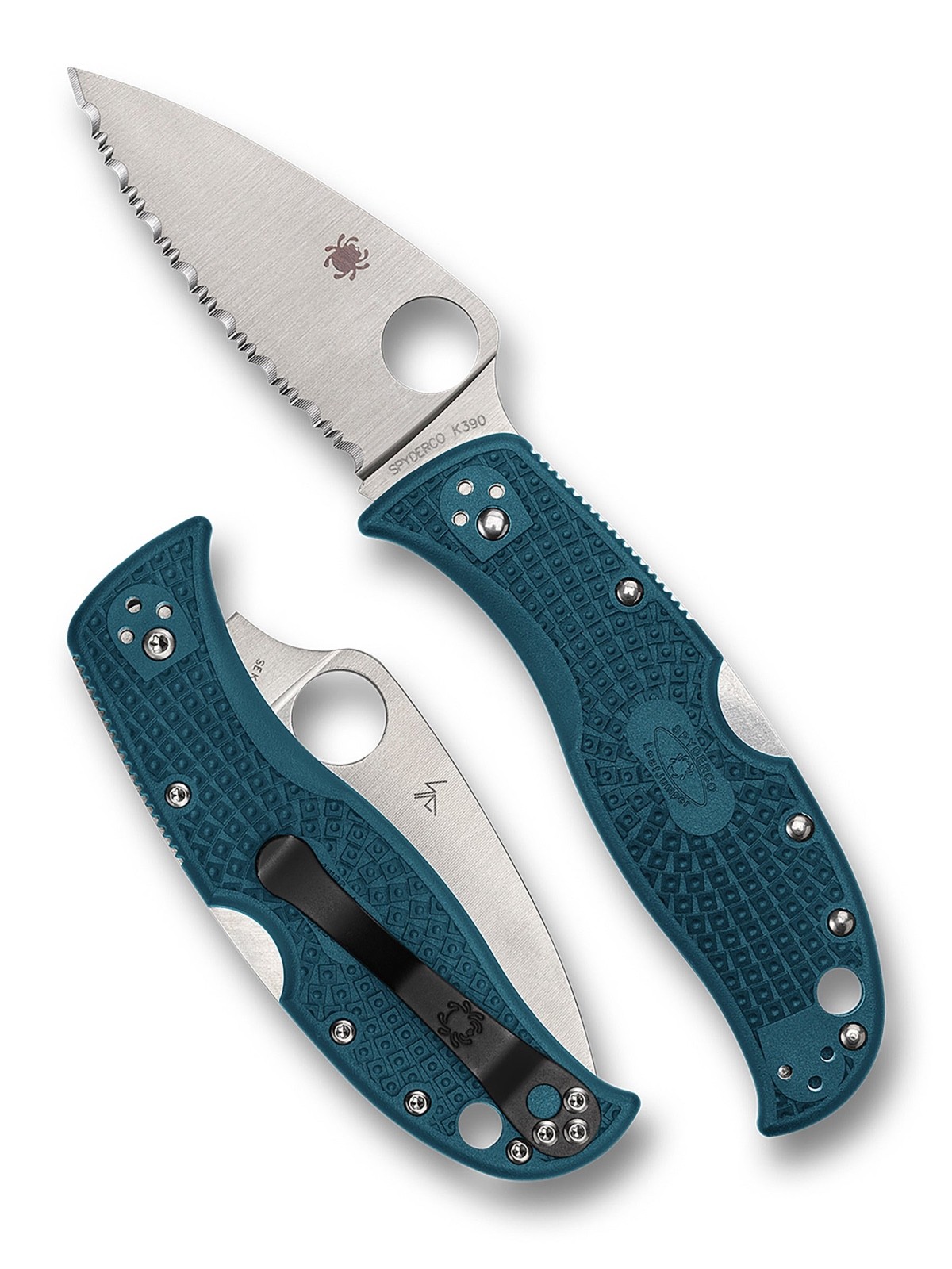 Spyderco LeafJumper K390 Satin Leaf Shaped Serrated Blade Blue FRN C262SBLK390