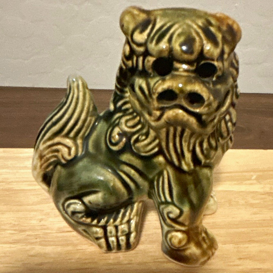 Ceramic Foo Dog Guardian Lion Figurine Glossy Green Brown Beige Glaze 3\