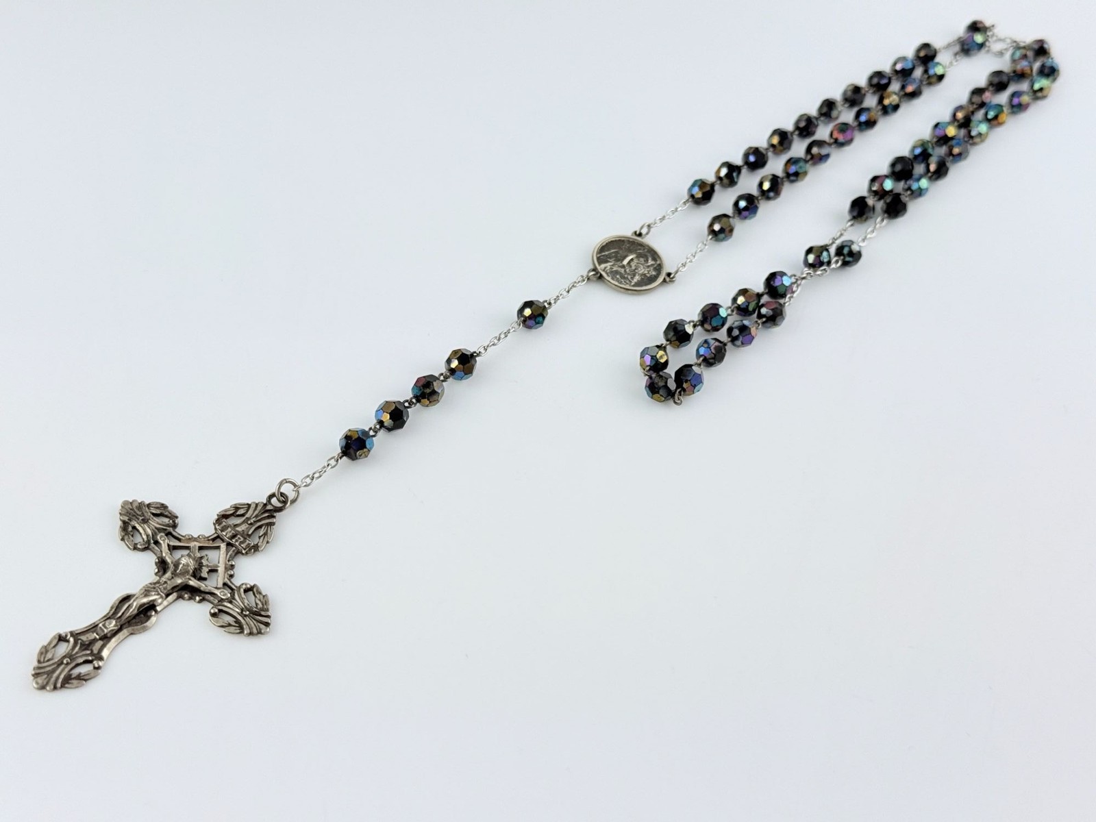 Vintage AFCO Sterling Silver AB Black Beaded Crystal Rosary 43g 21.5 Inch Length