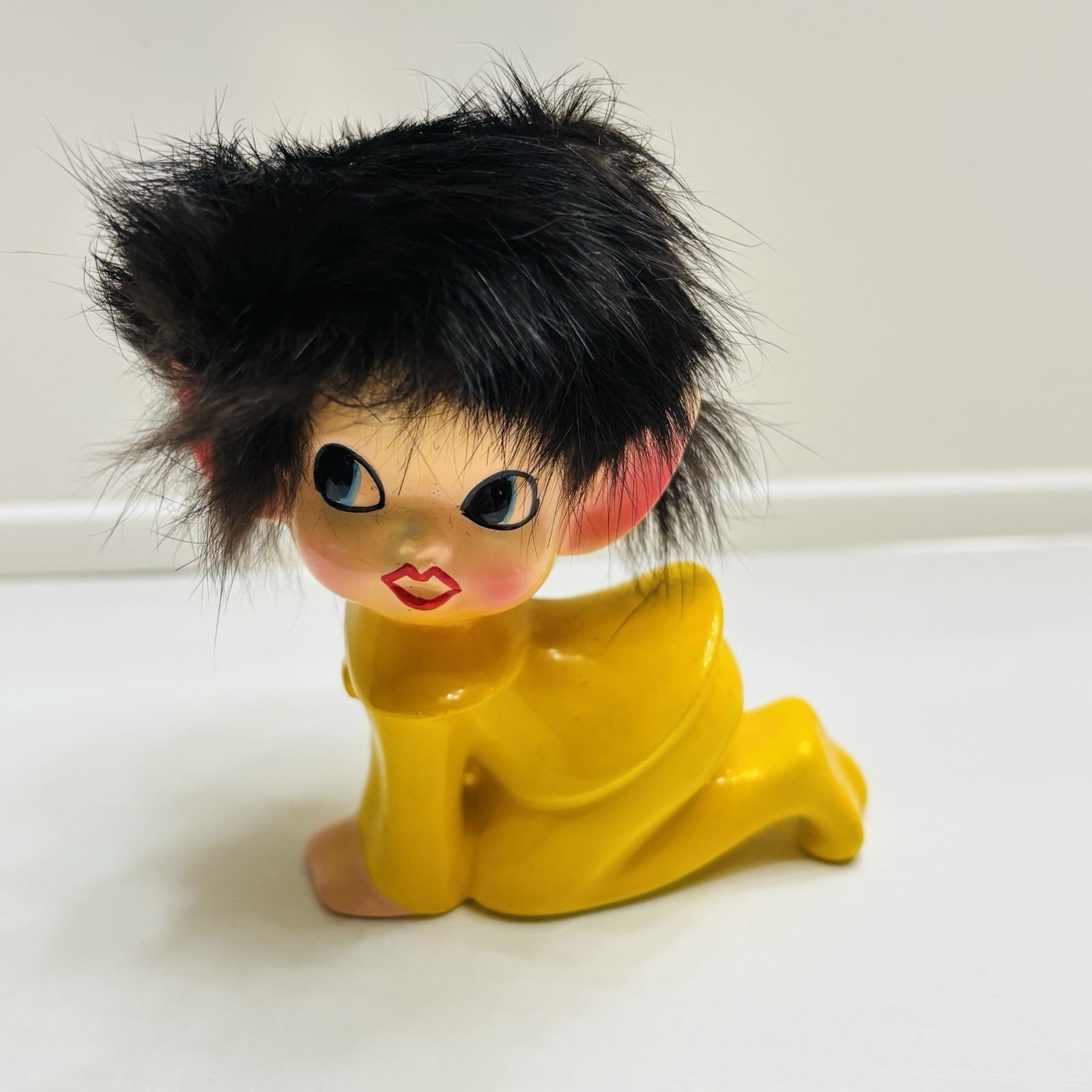 1950’s Pixie Elf Figurine Vintage Ceramic Pointy Ears Furry Hair Rare Yellow