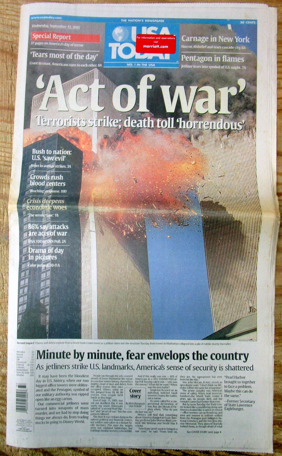 2001 newspaper ISLAMIC TERRORISTS 9-11 ATTACK on the US begins THE WAR ON TERROR