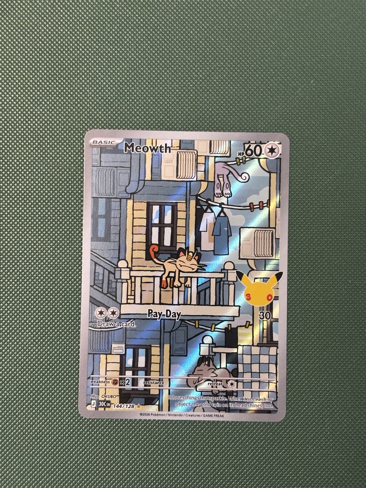 Pokemon Meowth 144/128 IR 30th Celebration MISPRINT Ink Blot Error Back 2026 Pokemon Meowth 144/128 IR 30th Celebration MISPRINT Ink Blot Error Back 2026