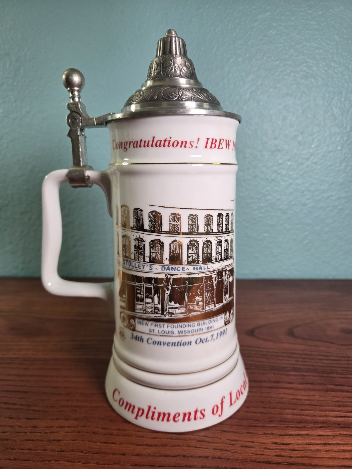 IBEW 100th Anniversary Stein Stolley’s Dance Hall St. Louis 1891-1991 Union Hist