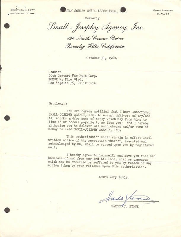HAROLD J. STONE - DOCUMENT SIGNED 10/31/1960
