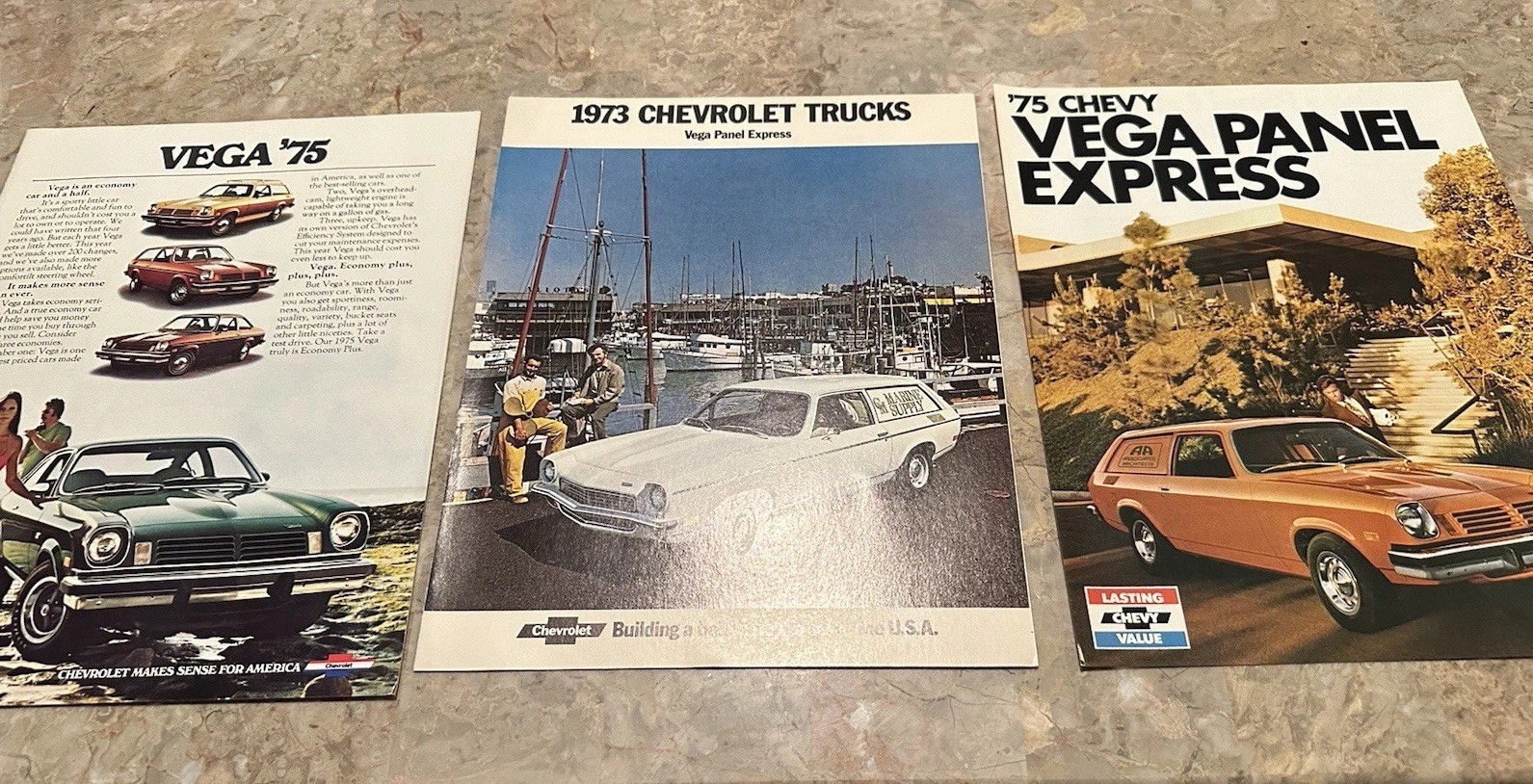 Three (3) Catalog Brochure Lot 1975 CHEVROLET VEGA, GT & PANEL EXPRESS, 1973 NOS