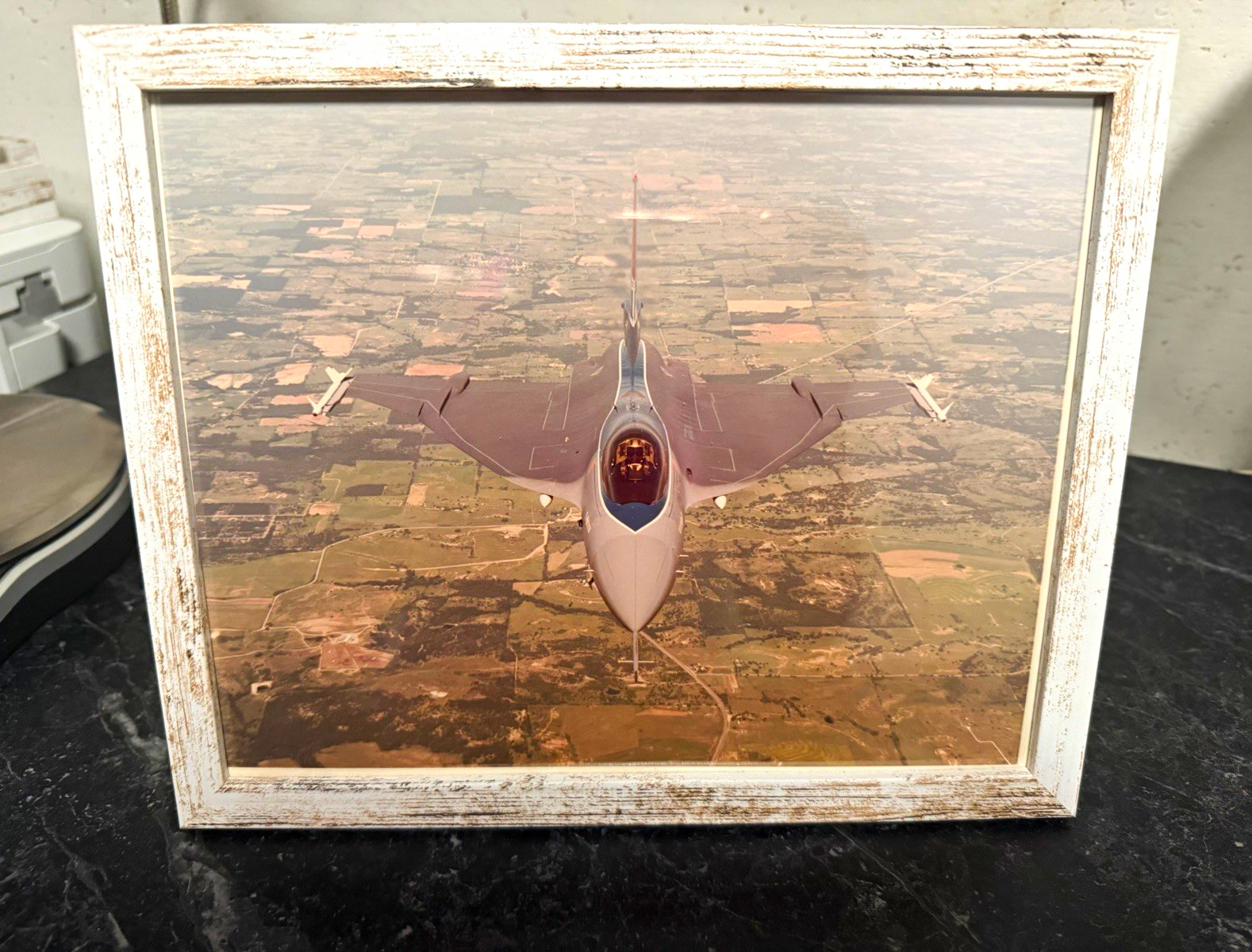 Framed 8x10 Photograph of Jet-Powered Military Aircraft Top View in Flight