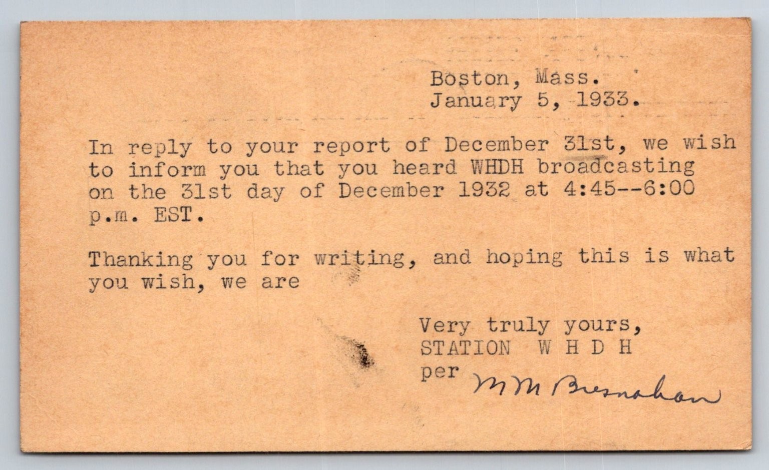 1933 WHDH Radio Boston Mass. Broadcast Verification Postcard, Jan 5, 1933 1933 WHDH Radio Boston Mass. Broadcast Verification Postcard, Jan 5, 1933