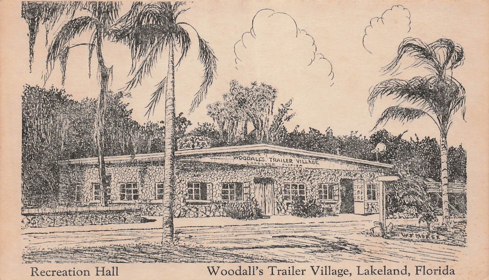 Lakeland FL Florida Woodalls Trailer Village Recreation Hall Vtg Postcard 3A