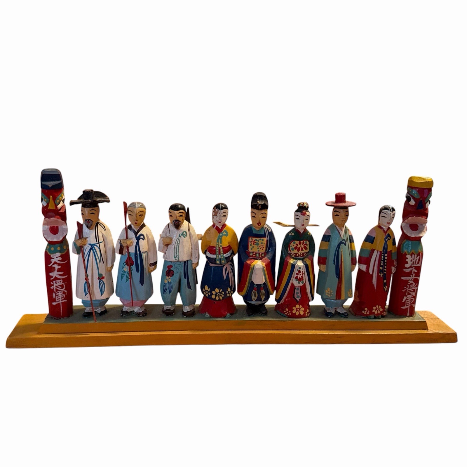 VTG Korean Wood Carved Totem Figurine Set Hand Painted Hanbok Dolls Totem 12.5\