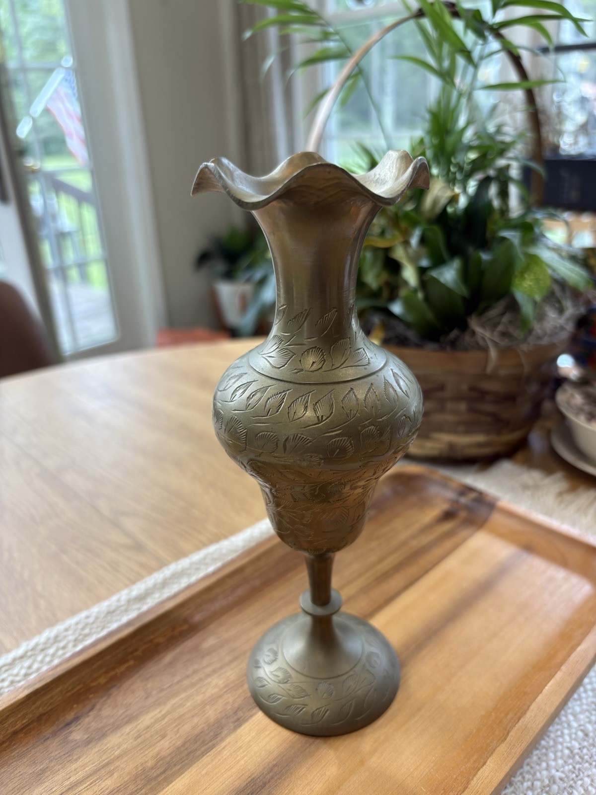 Brass Vase Engraved Floral Leaf Scalloped Ruffled Rim Pedestal 8” Boho Decor