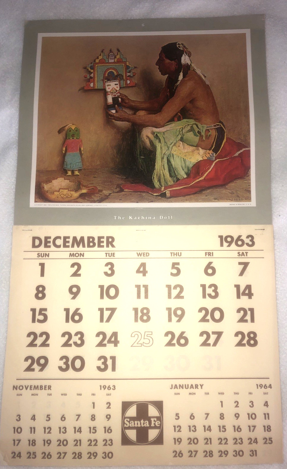 RARE VINTAGE 1963-64 Santa Fe Railroad Calendar BROWN & BIGELOW THE KACHINA DOLL