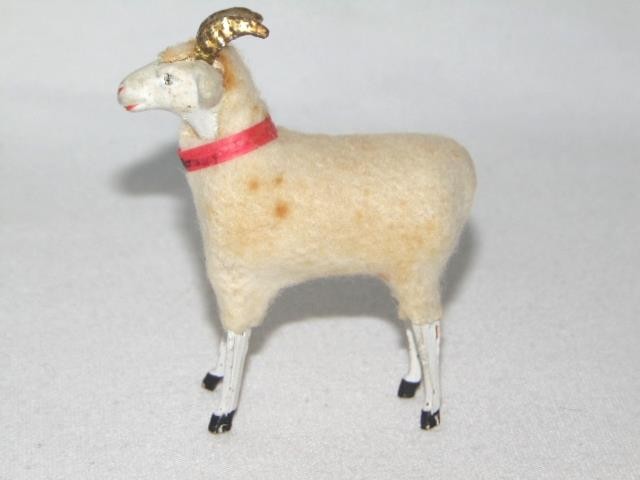 Antique Putz CHRISTMAS RAM SHEEP Cream Coat, Wooly Stick Leg, Germany, #34