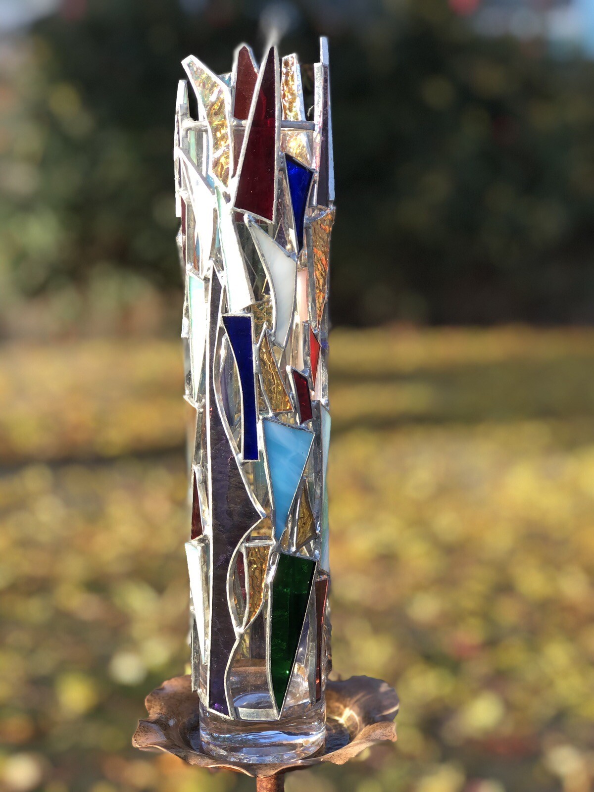 Gorgeous Unique Art Stained Glass Vase 12” Tall