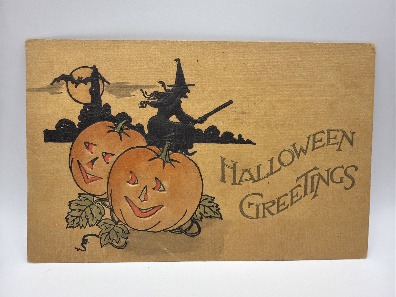 Vintage/ Antique 1911 Halloween Greeting Postcard • Gibson Art Co. Witch Pumpkin