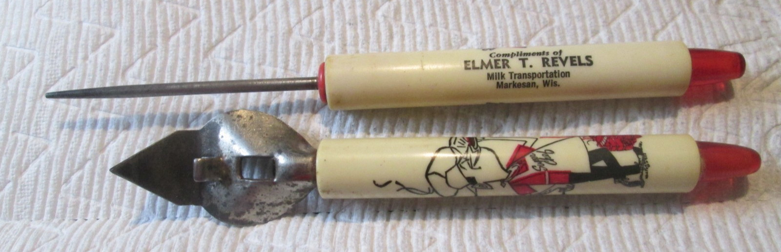 VTG ELMER T.REVELS MILK TRANSPORTATION CAN BOTTLE OPENER & PICK MARKESAN WIS