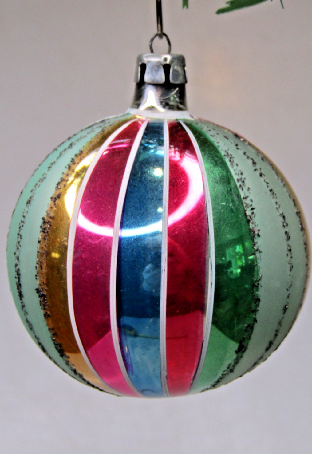 Vintage Glass Glittered Harlequin Striped BALL Christmas Ornament Poland Colors