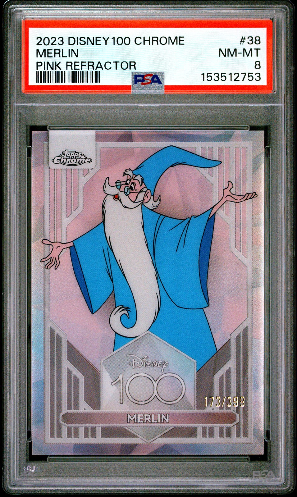 2023 Topps Chrome Disney100 #38 Merlin Pink Refractor PSA 8