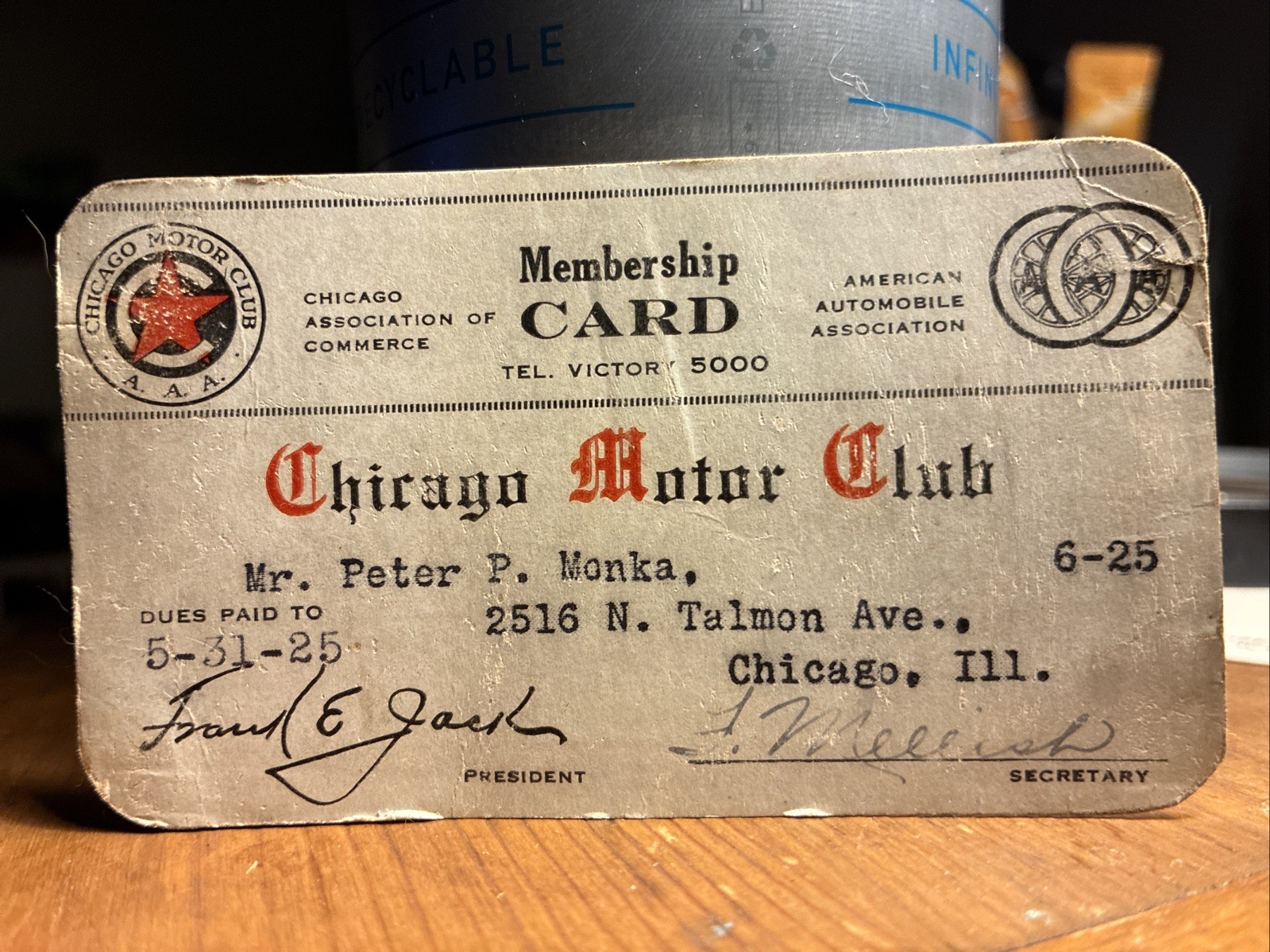 Original 1925 Chicago Motor Club Card