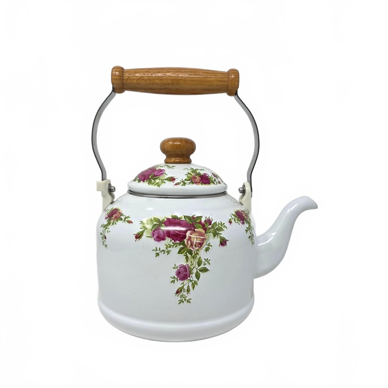 Vintage Royal Albert Old Country Roses Enamel Tea Kettle Wood Handle Floral