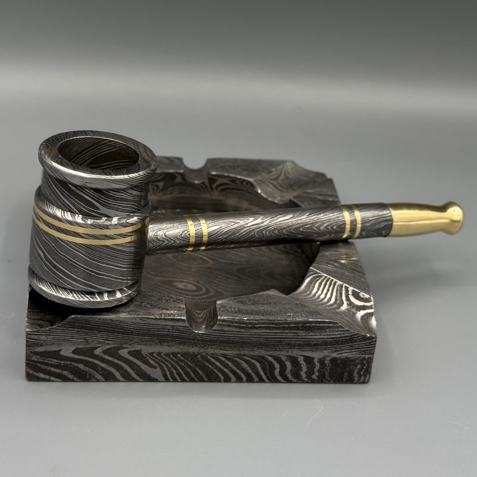 Handmade Damascus Steel smoking pipe and Ashtray cigar lover collectible set