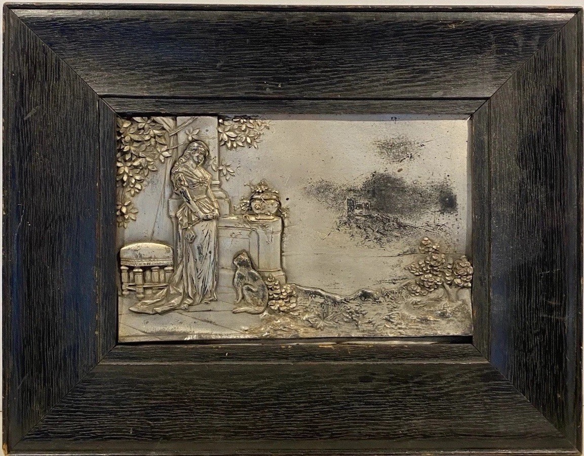 Antique Framed Metal Relief Panel Woman & Cat Landscape Early 1900s