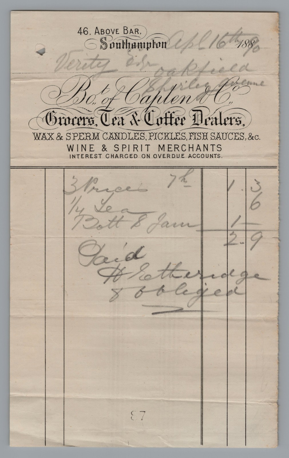 1880s Billhead CAPLEN & CO Grocers / Wax Goods Southampton, Hampshire - Scarce