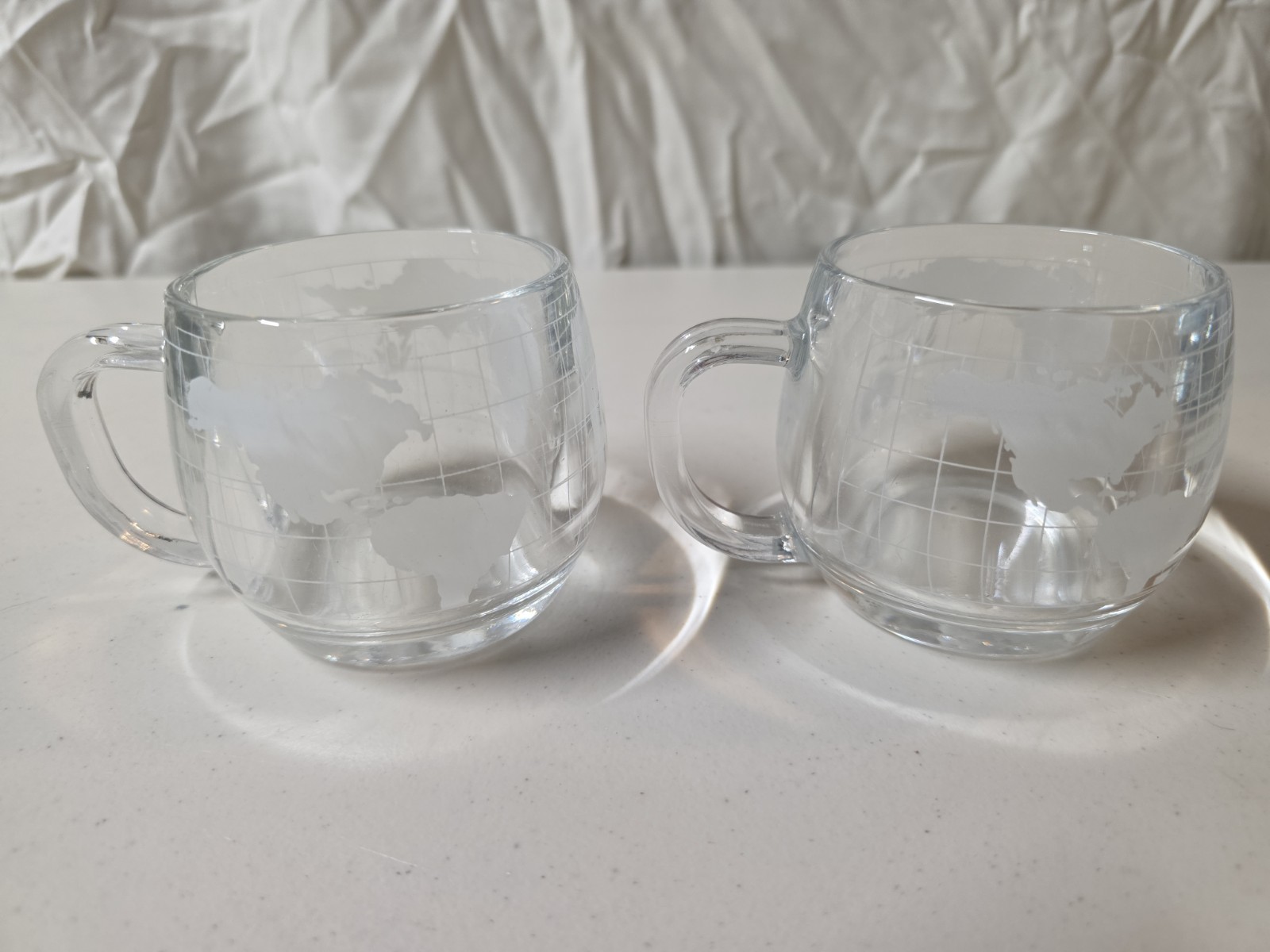Vintage Nestle Nescafe World Map Globe Etched Glass Mugs Coffee Cup Set of 2