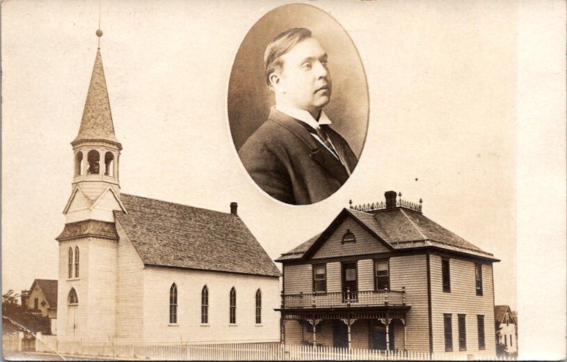 RPPC Postcard View of Church & Pasonage addressed to Stoughton Wisconsin WI 4544