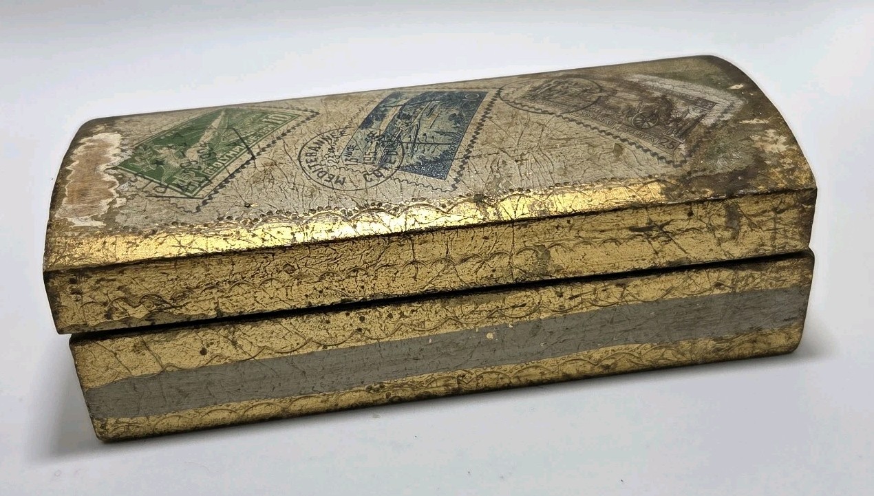 VTG Italian Florentine Divided Stamp Box Hinge Dome Lid Desk Accessory Distress