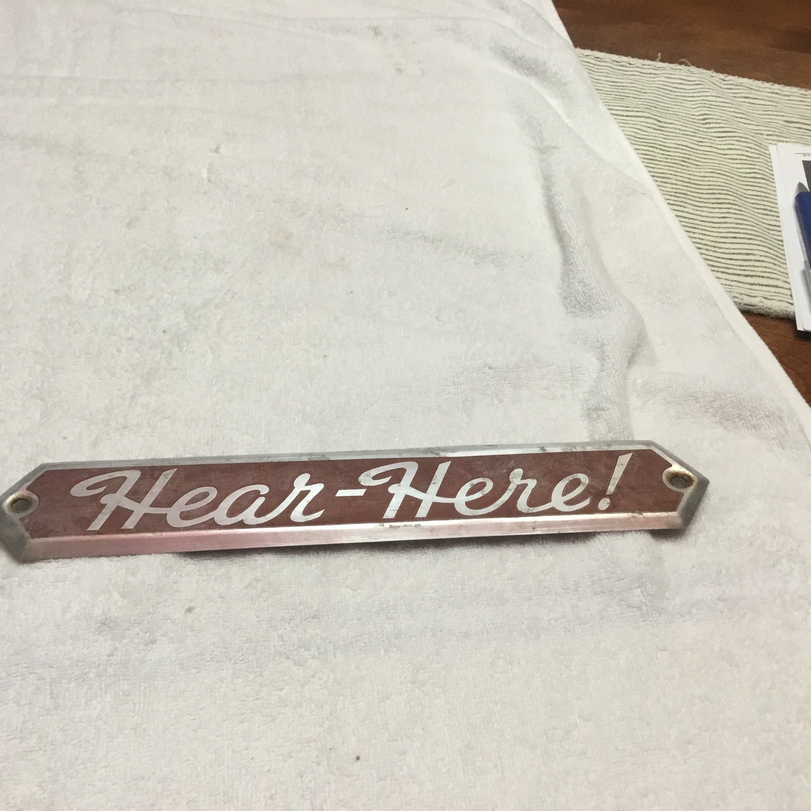 Very Nice Vintage HEAR-HERE Noisy Public Telephone Metal Sign - Alum. 12”x 2” Very Nice Vintage HEAR-HERE Noisy Public Telephone Metal Sign - Alum. 12”x 2”