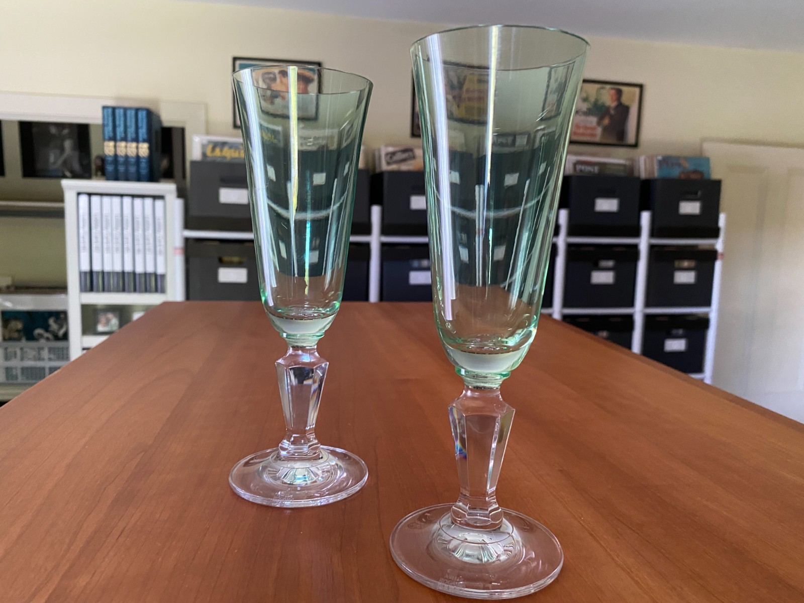 Pair of Vintage Miller-Rogaska Alfresco Green Champagne Flutes~ Austria