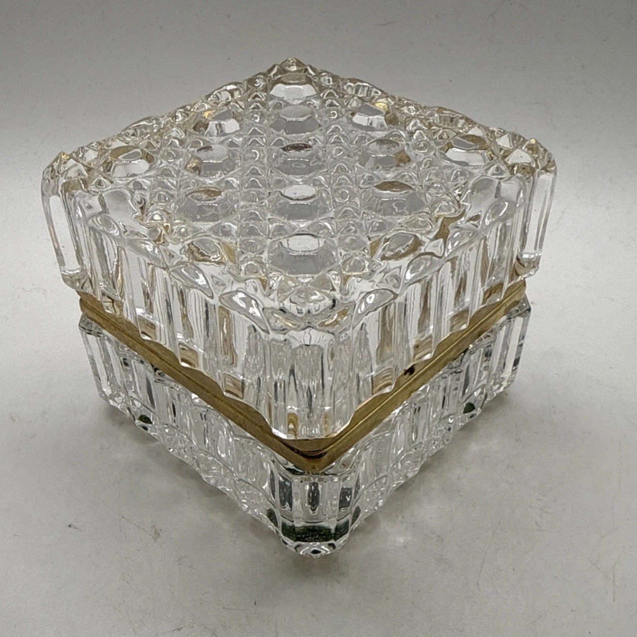 Vintage Westminster Baccarat Style Diamond Cut Crystal Hinged Trinket Box 3 1/2