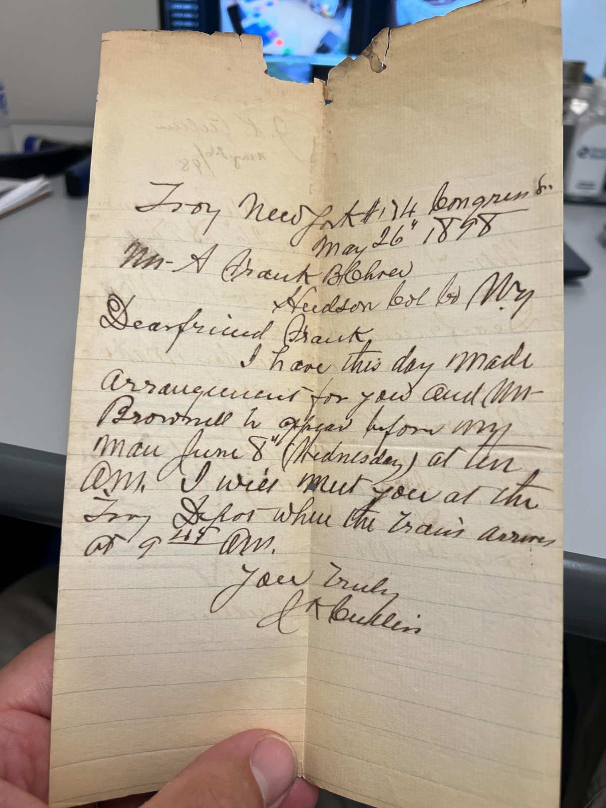 1898 Troy NY Train Depot Meeting Handwritten Dated Signed Dear Friend Letter