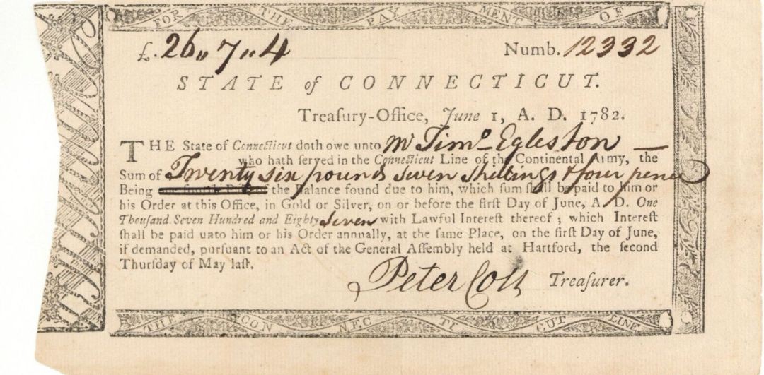 1782 dated Connecticut Line Bond signed by Peter Colt, Grandfather of Samuel C