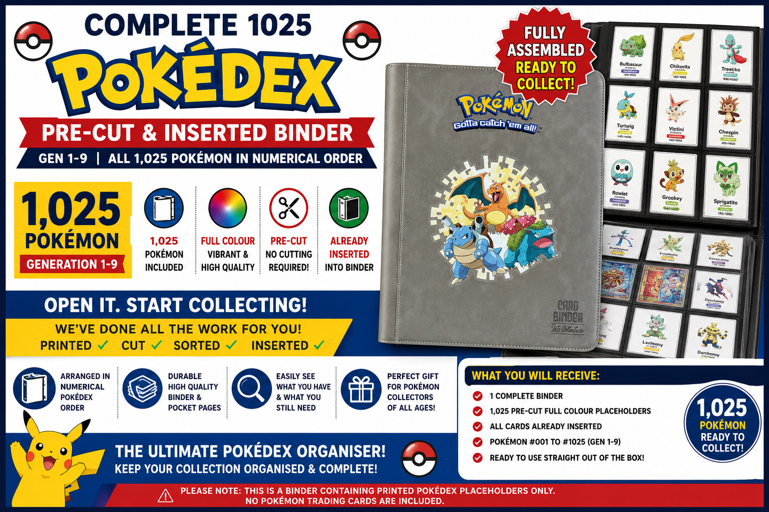 Pokemon Pokedex Binder 1-1025 Gen 1-9 TCG Pre-Cut Placeholder Cards Complete