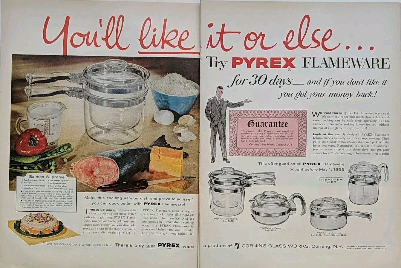 1955 Pyrex Vintage Double Page Print Ad. Pyrex Flameware Dishes. 