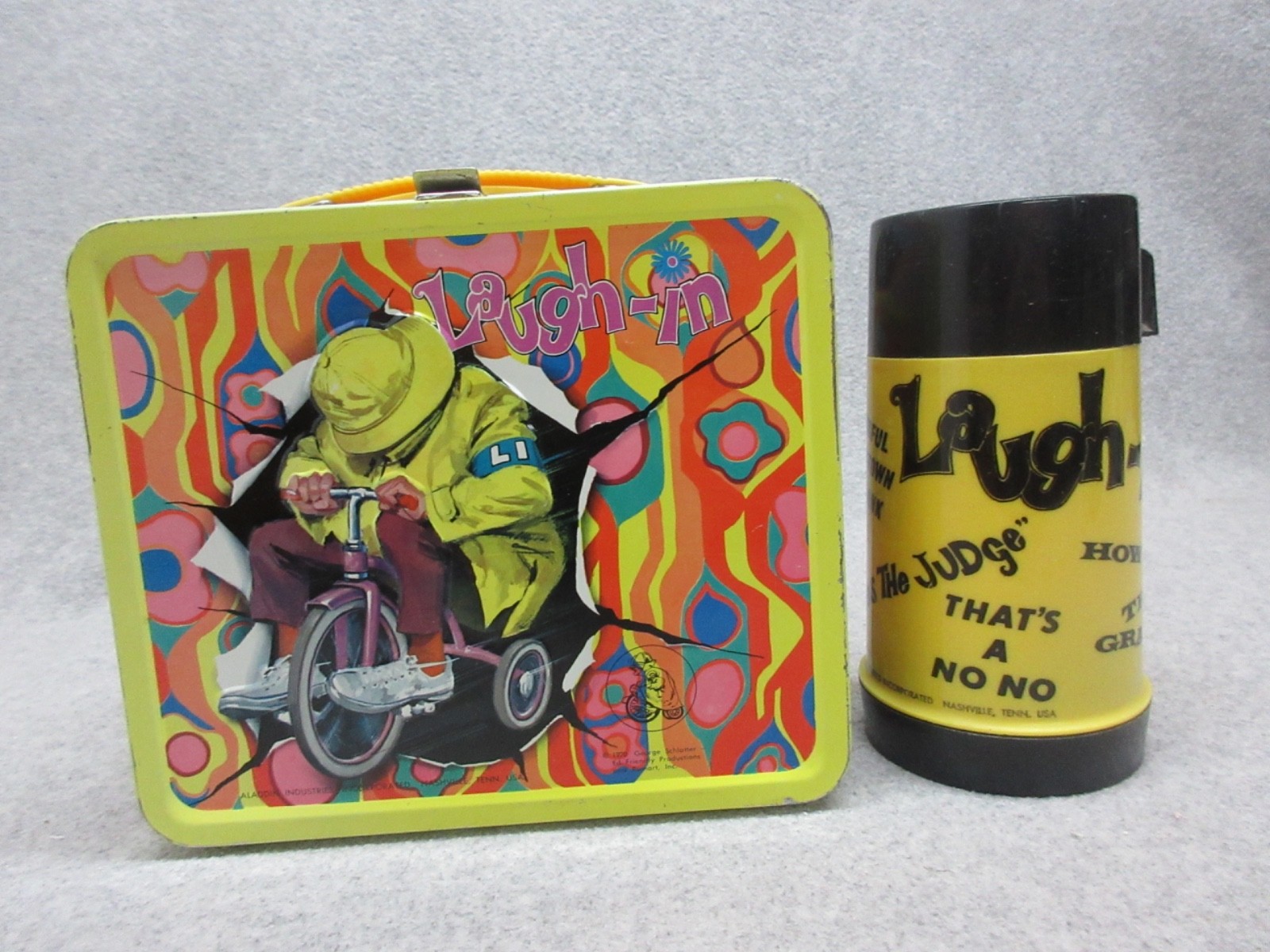 Best-On-ebay  1971 LAUGH IN Tricycle TV Comedy LUNCHBOX & THERMOS High-Grade C#9