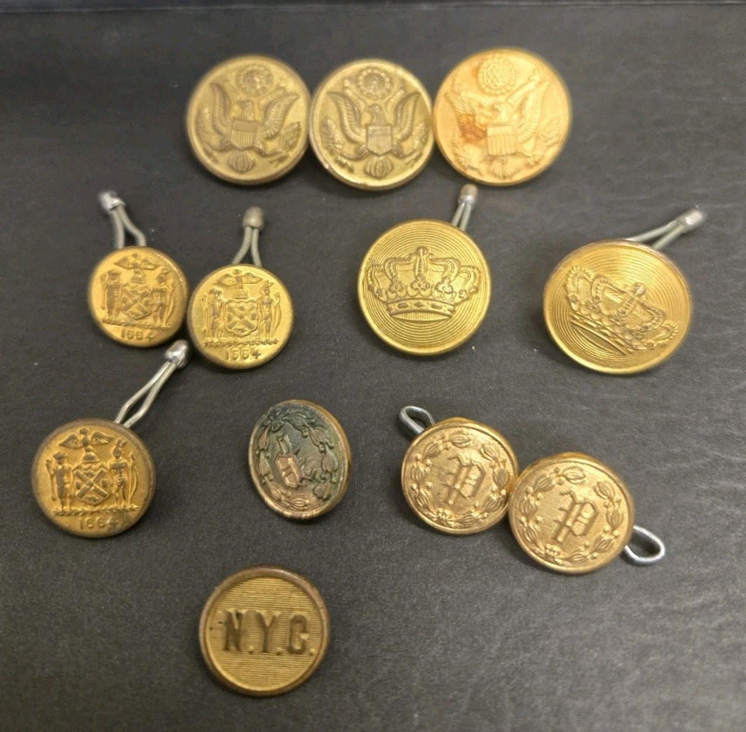 Lot of 13 Antique Brass Buttons - NY State Militia 1884, Scovill, Waterbury Co.