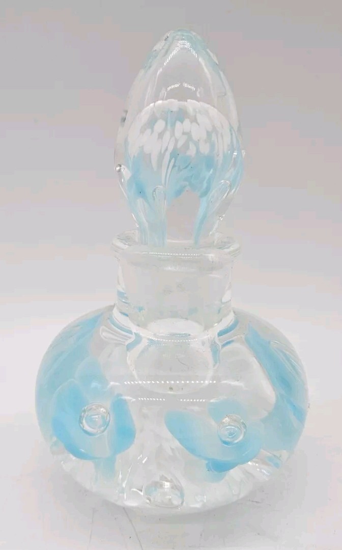 Vtg Joe Rice Blown Art Glass Perfume Bottle Paperweight Controlled Blue Flowers 