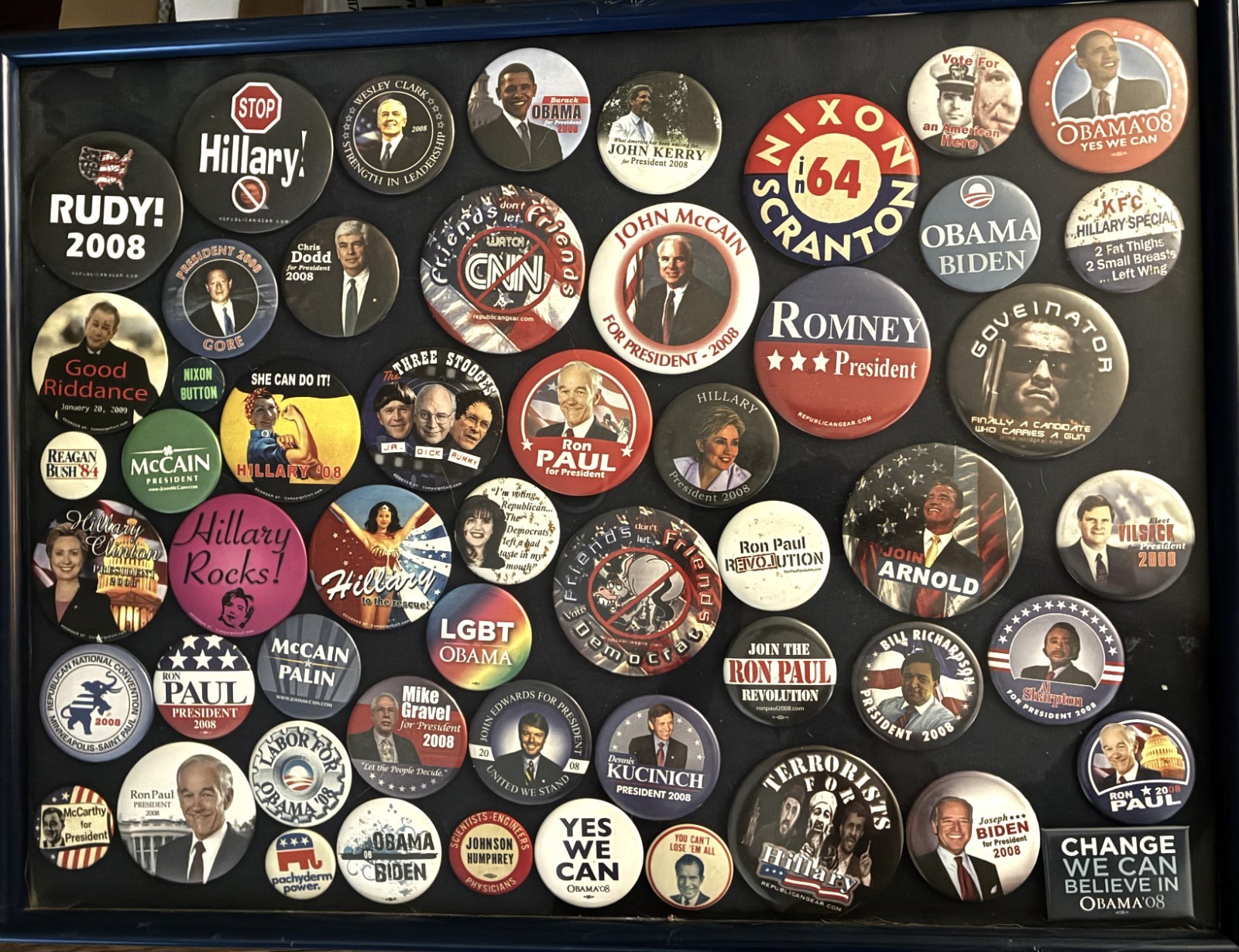 Nice Framed Vintage POLITICAL BUTTONS (60's, 70's, 80's) Collection Nice Framed Vintage POLITICAL BUTTONS (60's, 70's, 80's) Collection