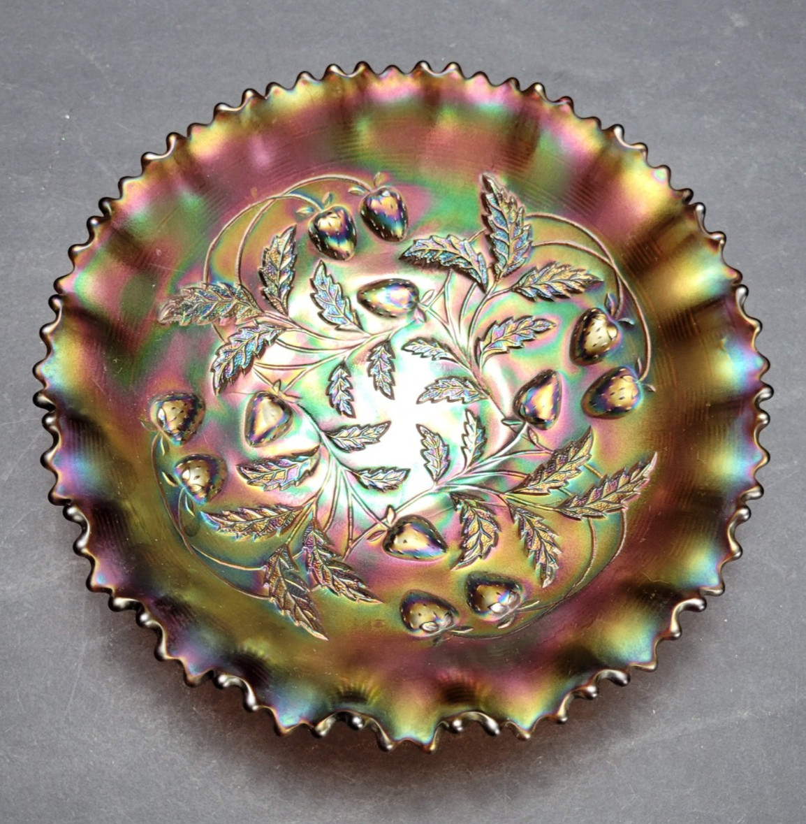 Northwood Strawberry Amethyst Carnival Glass Ruffled Bowl with \