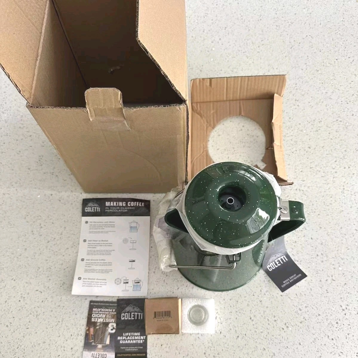 COLETTI Classic Enamel 12-Cup Camping Coffee Percolator Pot Green Speckle Boxed