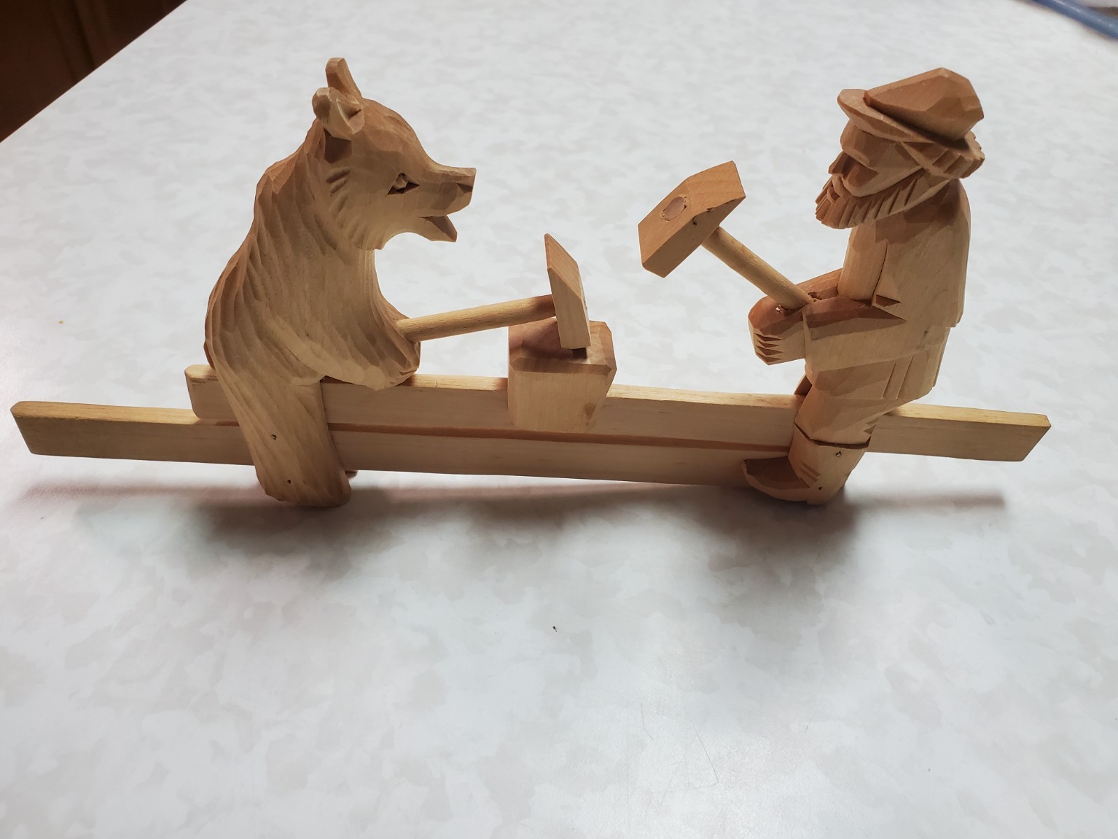 Vintage Hand-Carved Folk Russian Wood Toy - Man & Bear Hammering Bogorodskoye