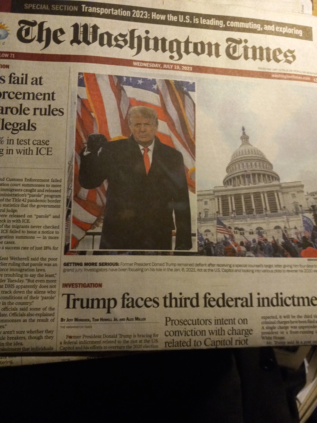 The Washington Times Wednesday July 19 2023. Trump Faced Third Federal...