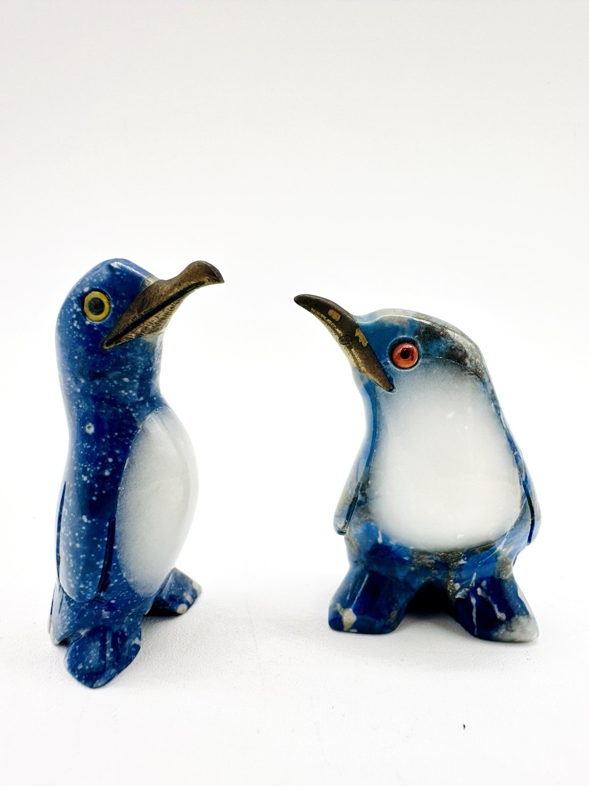 Pair of Carved Blue Lapis Lazuli Penguin Inlaid White Marble Belly Brass Beak