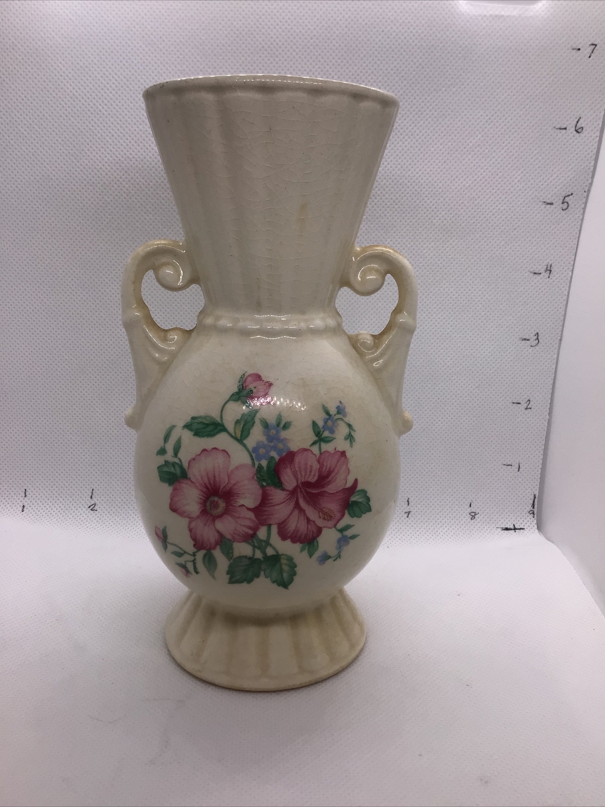 Vintage Royal Copley Pink Hibiscus Flower Vase Handles