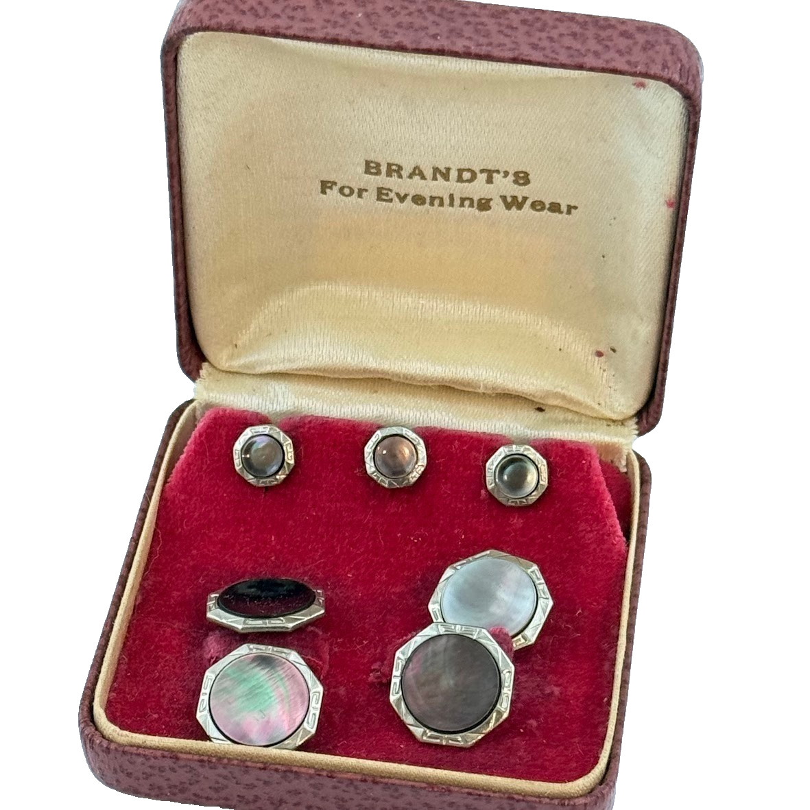 Vtg Art Deco Brandt Evening Wear Cufflinks Stud Set Mother of Pearl Tuxedo Fancy