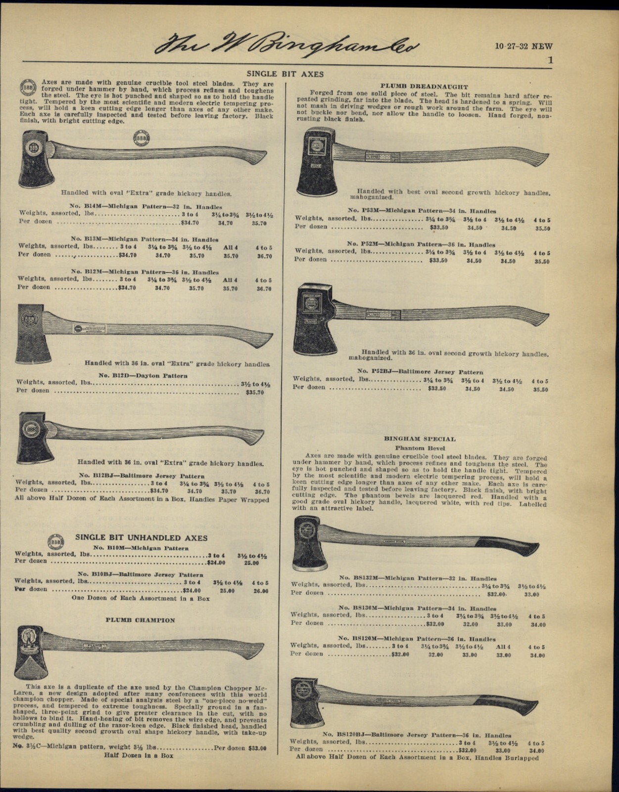 1931 PAPER AD Plumb Champion Axe Axes Dreadnaught Single Double Bit Handled
