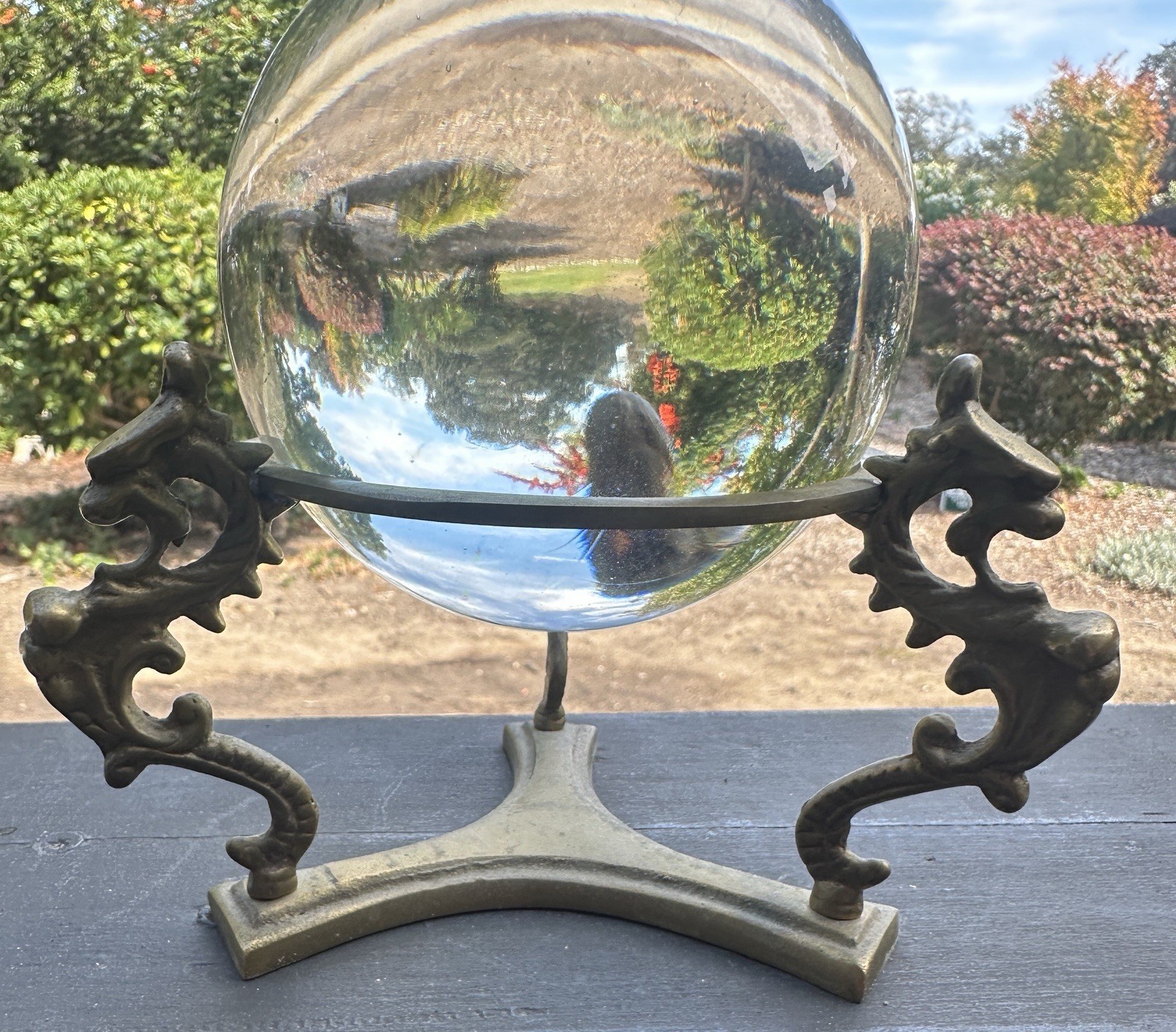 Vintage Crystal Ball on Brass Stand with Dragons Vintage Crystal Ball on Brass Stand with Dragons