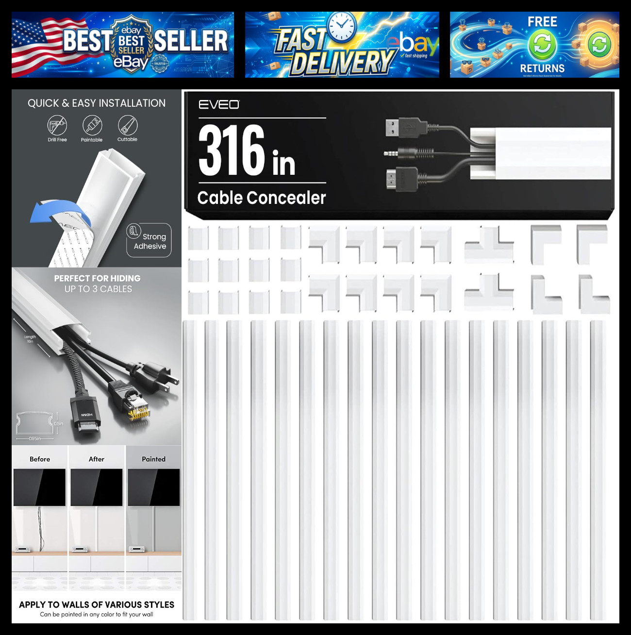 EVEO Cable Hider Wall 306” - Cable Raceway Cord Hider - Wire Covers for Cords on